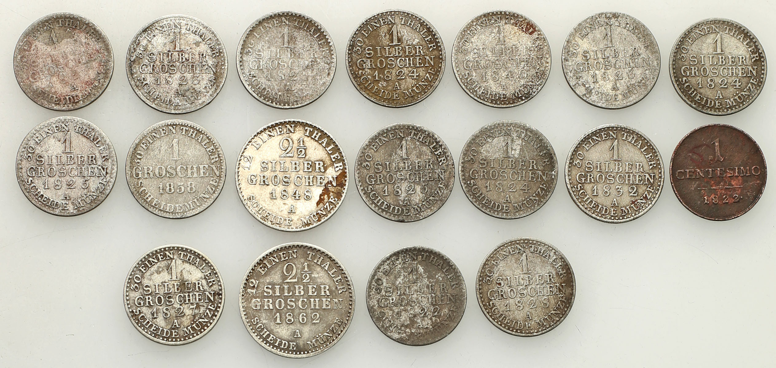 Niemcy, Prusy, Braunschweig-Calenberg, Saksonia 1 do 2 1/2 silbergroschen, 1822-1862, zestaw 18 monet